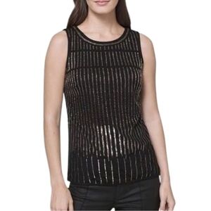 WHBK Womens Classy Elegant Black and Gold Bead Sleeveless Top Sz Lg